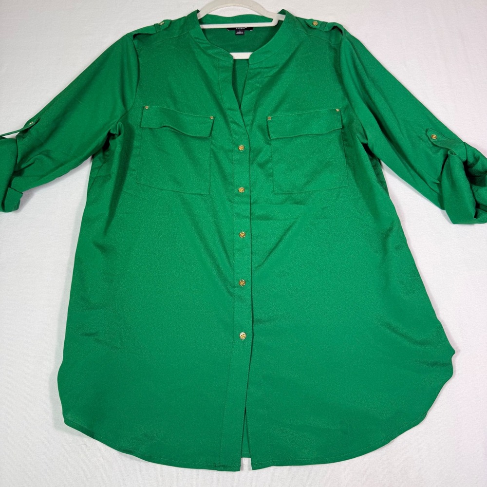 Premise Studio Button Down Tunic Large Green Roll Tab Sleeve Gold Blouse